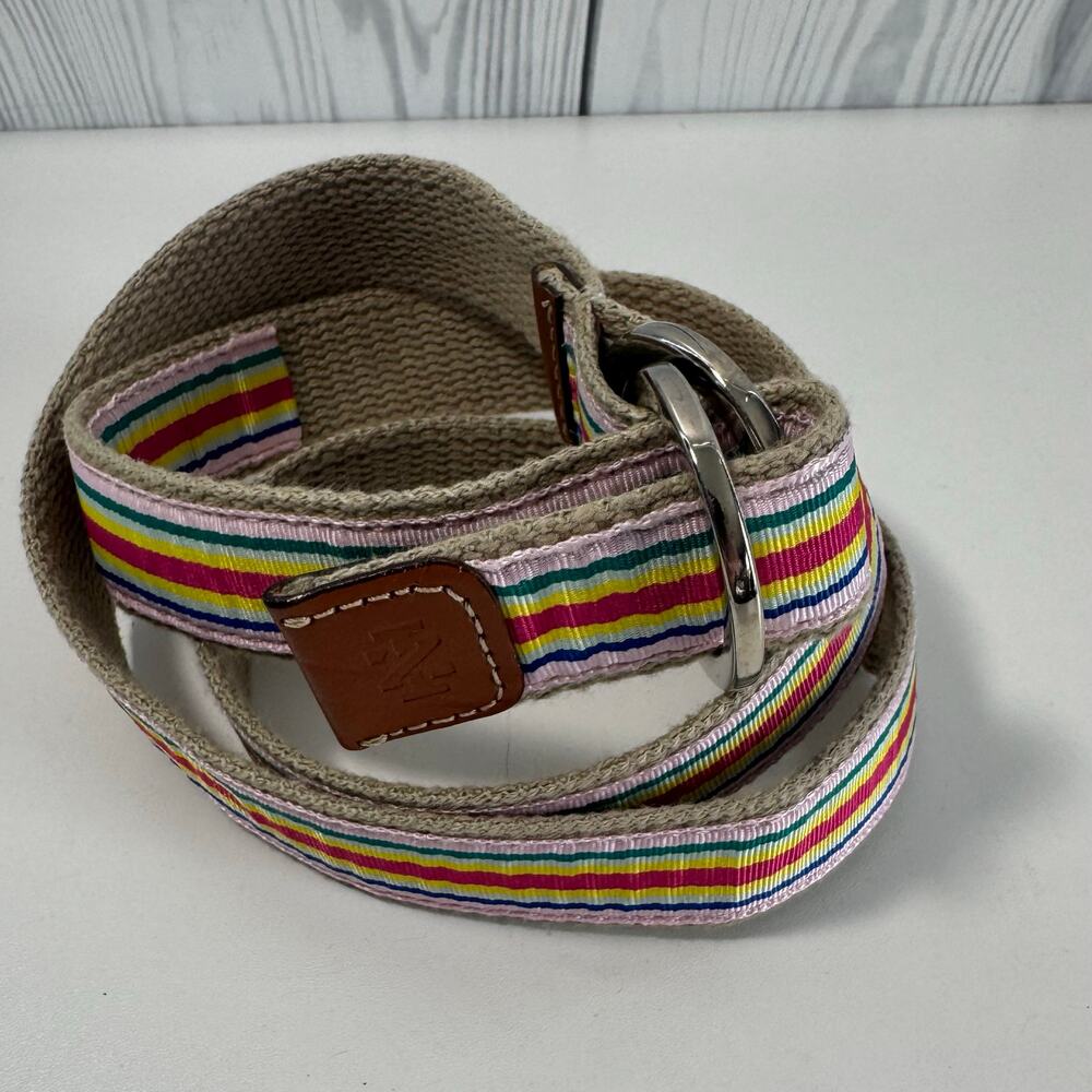 IZOD Women's Grosgrain Ribbon Belt Pink Blue Yellow Stripe Canvas Summer 38in